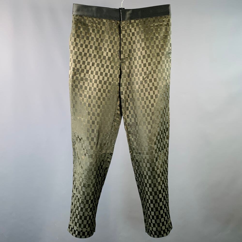 HAIDER ACKERMANN Size 32 Olive Checkered Linen Silk Cropped Casual Pants